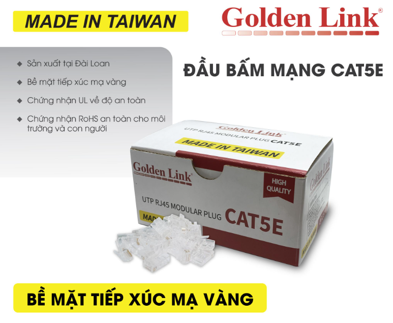 Đầu mạng RJ45 GOLDEN LINK TAIWAN UTP CAT5E Mạ vàng (100c/hộp)